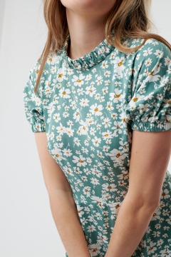 womens green and white floral raglan sleeve ruffle neck modest dress